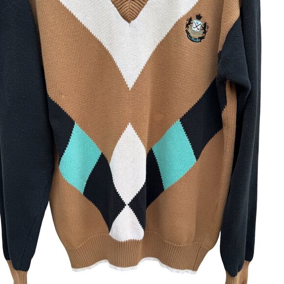 La Mode Active Sportswear Vintage Mens V-Neck Argyle Brown Knit Grandpa Sweater - Picture 10 of 12